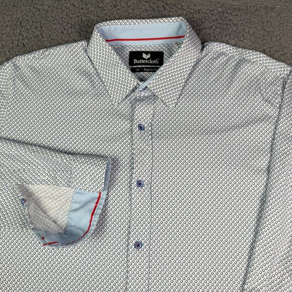 Buttercloth Shirt Mens 2XL White Geometric Flip Cuff Jacquard Long Sleeve Button - Picture 1 of 9